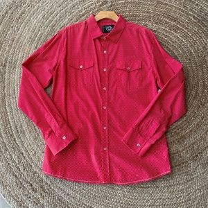 red and white dotted button up long sleeve shirt